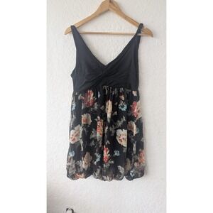 Floral Empire Waist Bubble Hem Mini Dress Black Sleeveless V-Neck Summer